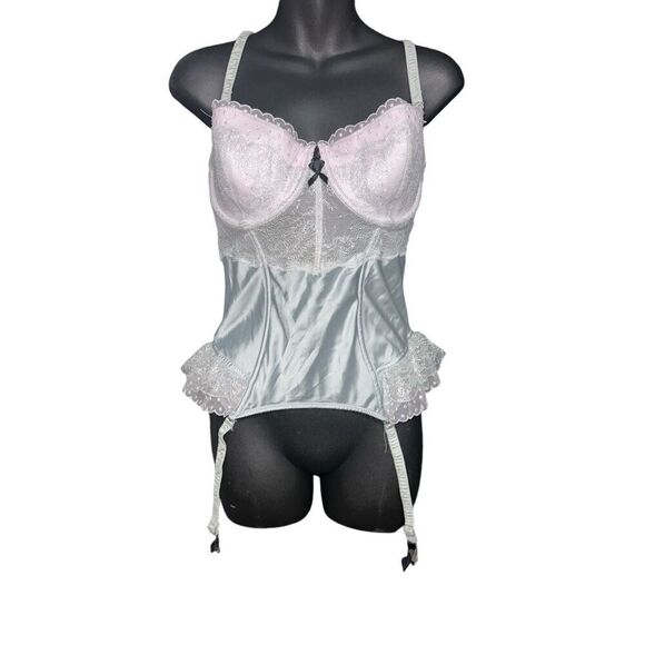 RARE FIND Victoria's Secret Lace-Up Corset Bra Satin green/Blue/grey colored Top - Picture 1 of 10